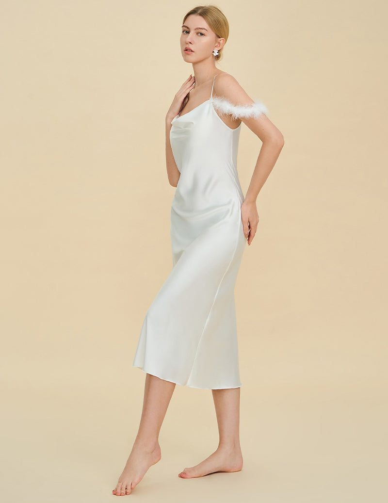 Fur Trim Spaghetti Strap Satin Slip Dress - White