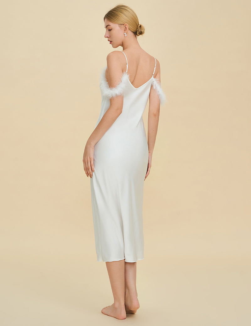 Fur Trim Spaghetti Strap Satin Slip Dress - White