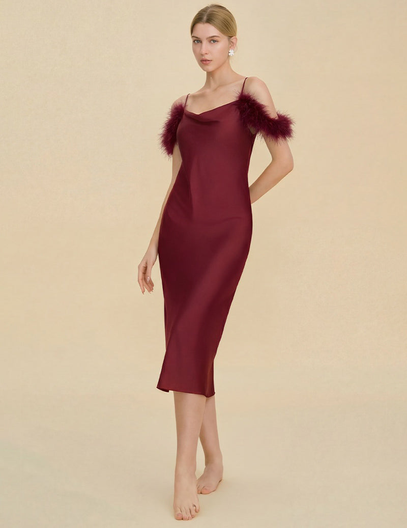 Fur Trim Spaghetti Strap Satin Slip Dress - Wine Red