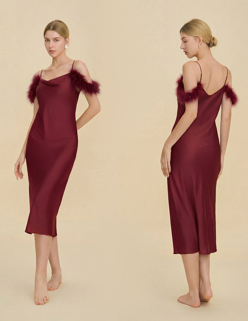 Fur Trim Spaghetti Strap Satin Slip Dress - Wine Red