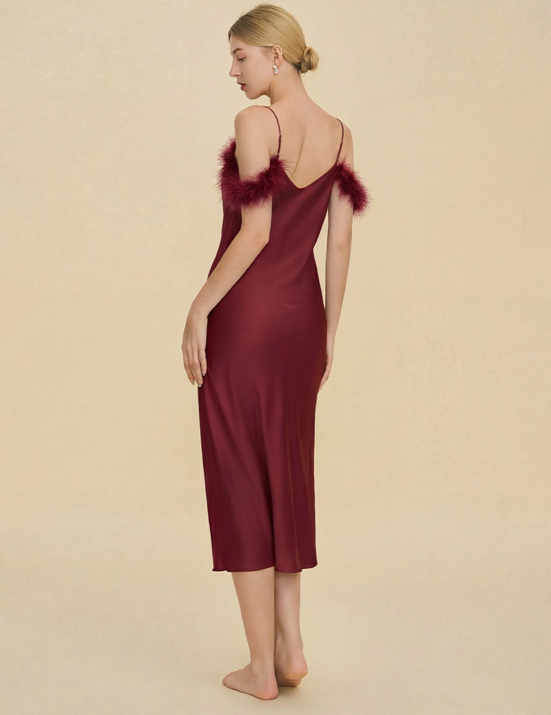 Fur Trim Spaghetti Strap Satin Slip Dress - Wine Red