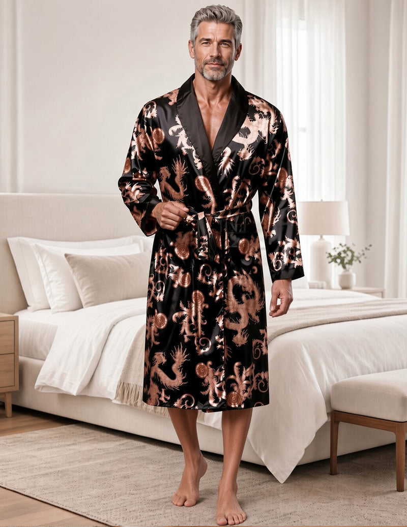 Men Notch Collar Wrap Tie Front Brocade Robe - Black Brocade