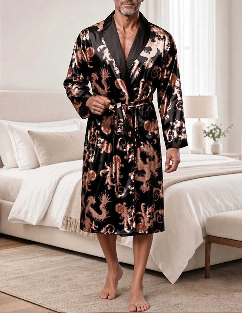 Men Notch Collar Wrap Tie Front Brocade Robe - Black Brocade