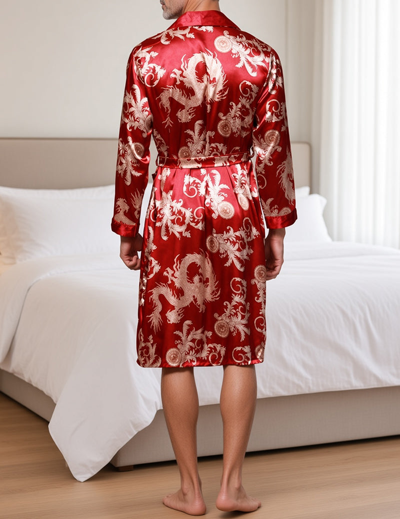 Men's wine red brocade wrap robe with tie belt, back view