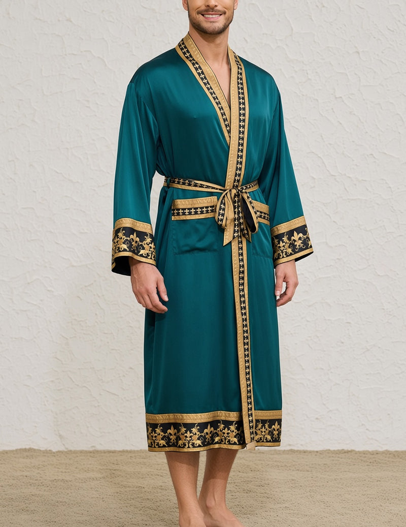 Men’s wrap robe and shorts set in teal green with gold trim and belt tie