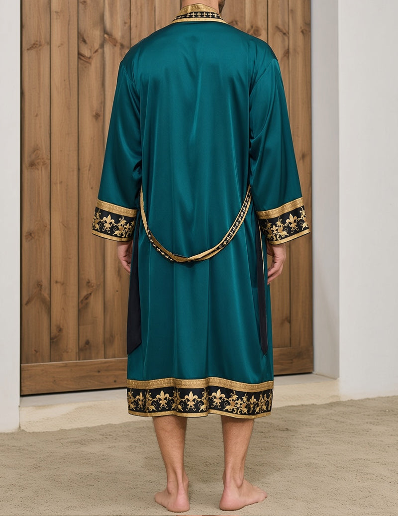 Men’s teal wrap robe and shorts set, back view with gold border and tie belt