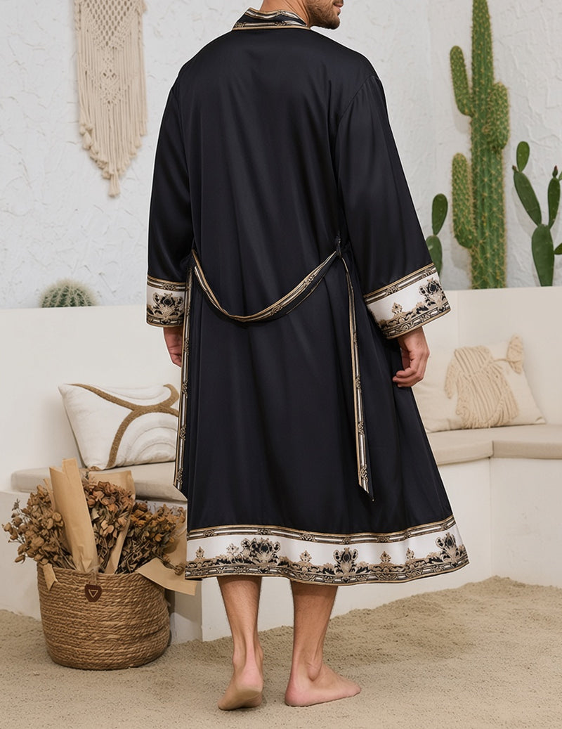 Men’s black wrap robe and shorts set, back view with gold-trimmed hem border