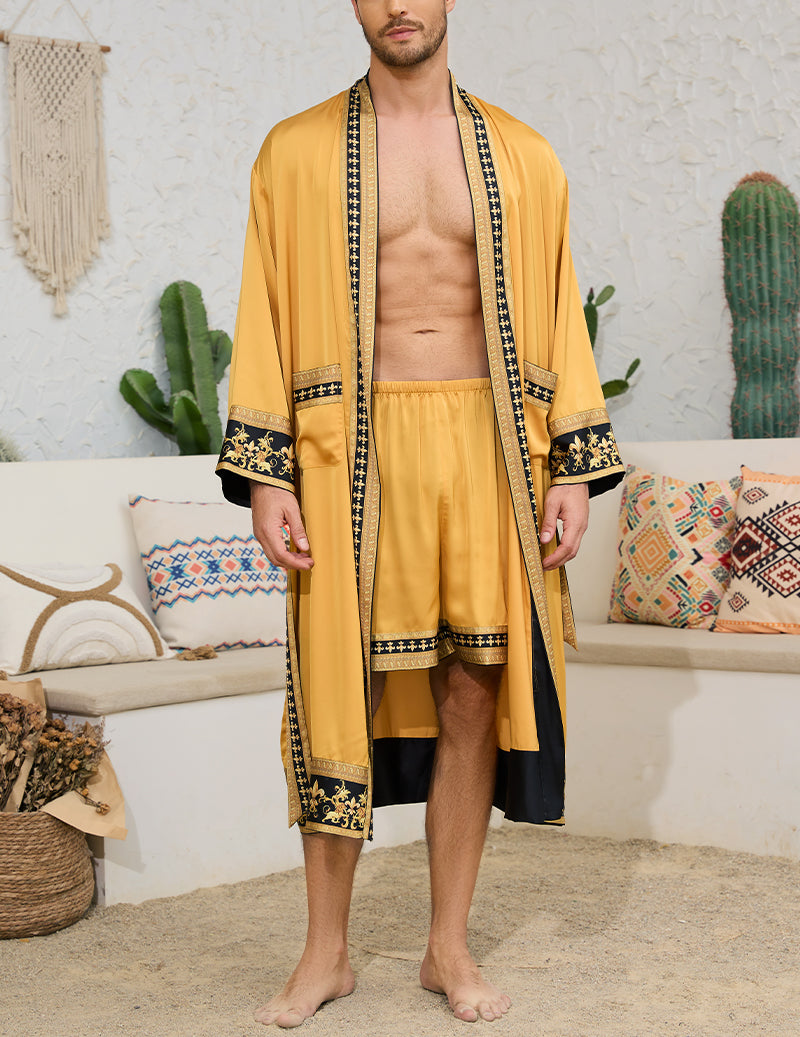 Men’s wrap robe and shorts set in mustard gold with gold trim and tie belt
