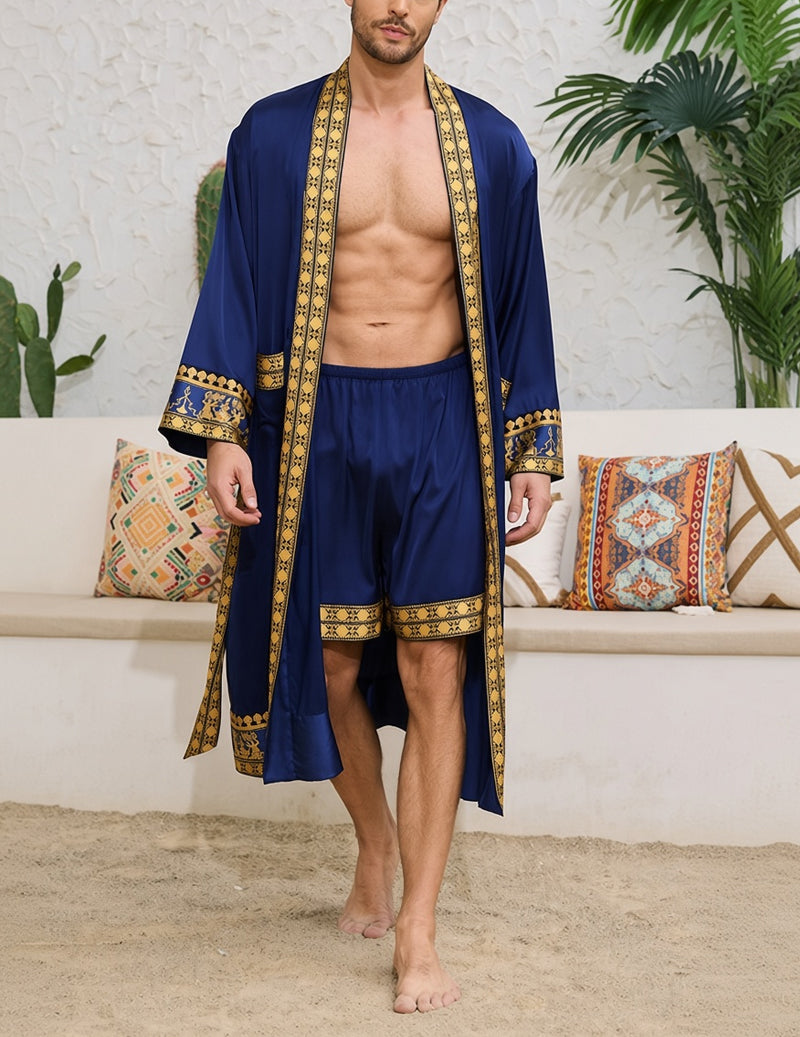 Men’s wrap robe and shorts set in deep blue with gold trim and patterned cuffs