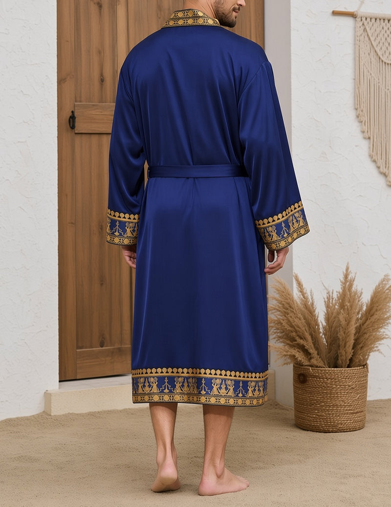 Men’s deep blue wrap robe and shorts set, back view with gold border details