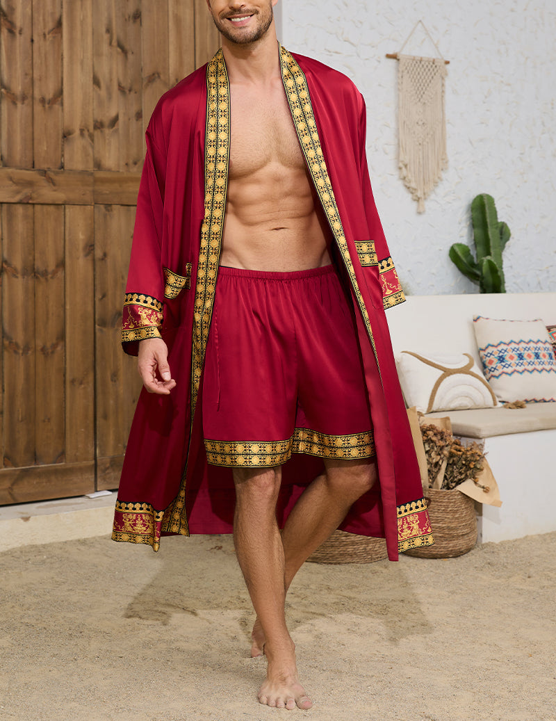 Men’s wrap robe and shorts set in red with gold trim and matching drawstring waist