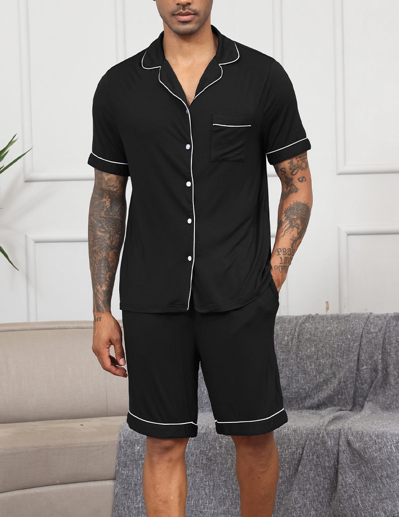 Men Notch Collar Short Sleeve Pajama Set - Black