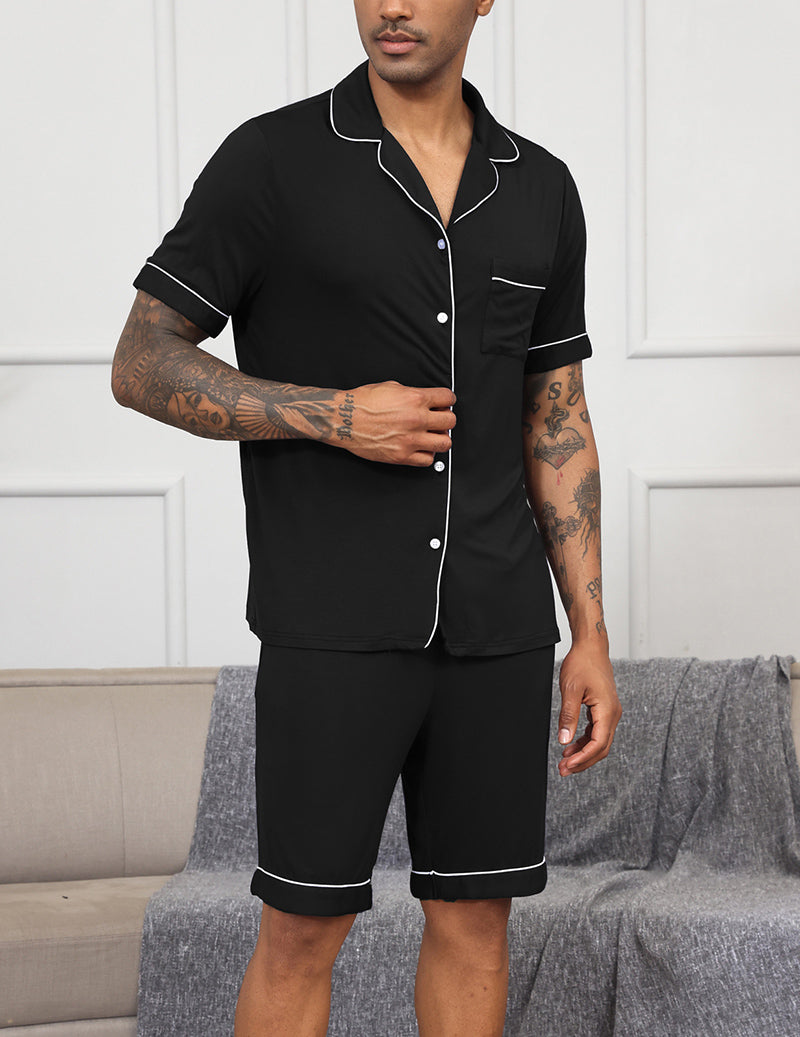 Men Notch Collar Short Sleeve Pajama Set - Black