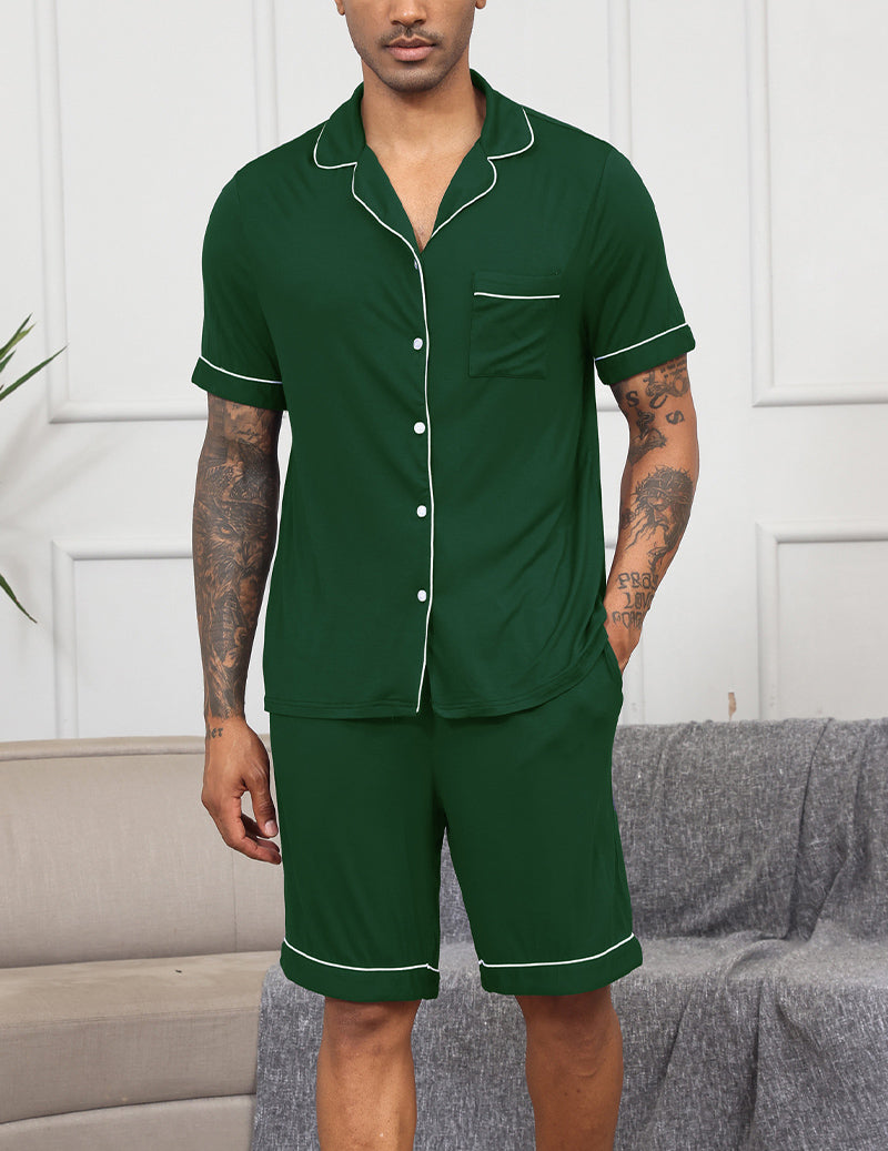 Men's green notch-collar short-sleeve pajama set with button front and matching shorts.