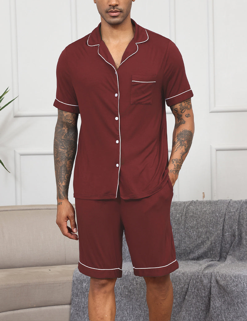 Men's wine red notch-collar short-sleeve pajama set with button front and matching shorts.