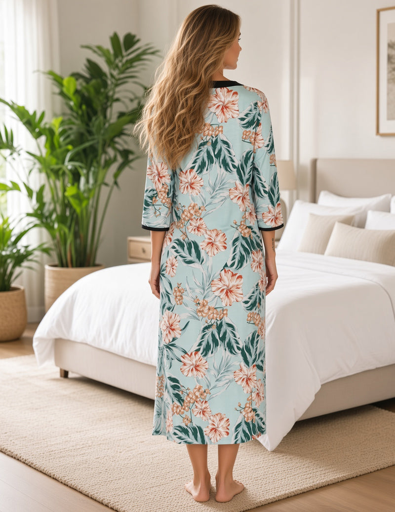 Zip Front V-Neck 3/4 Sleeve Nightgown - Green Floral