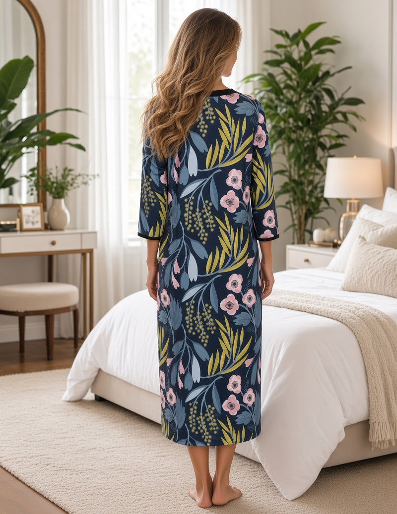 Zip Front V-Neck 3/4 Sleeve Nightgown - Navy Yellow Leaf Print