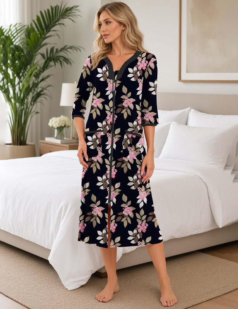 Black floral zip-front V-neck 3/4-sleeve nightgown with side pockets and button placket