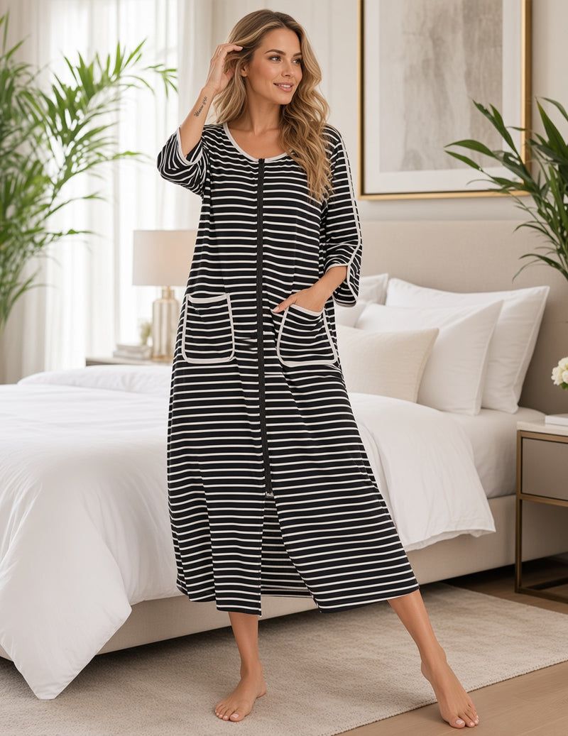 Zip Front Crew Neck Striped Nightgown - Black