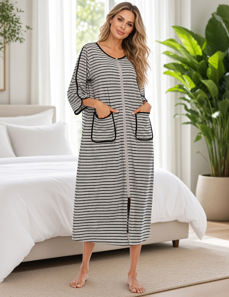 Zip Front Crew Neck Striped Nightgown - Light Grey