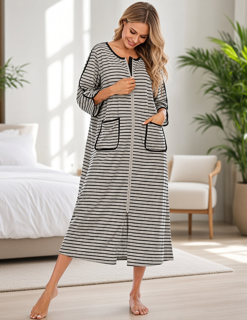 Zip Front Crew Neck Striped Nightgown - Light Grey