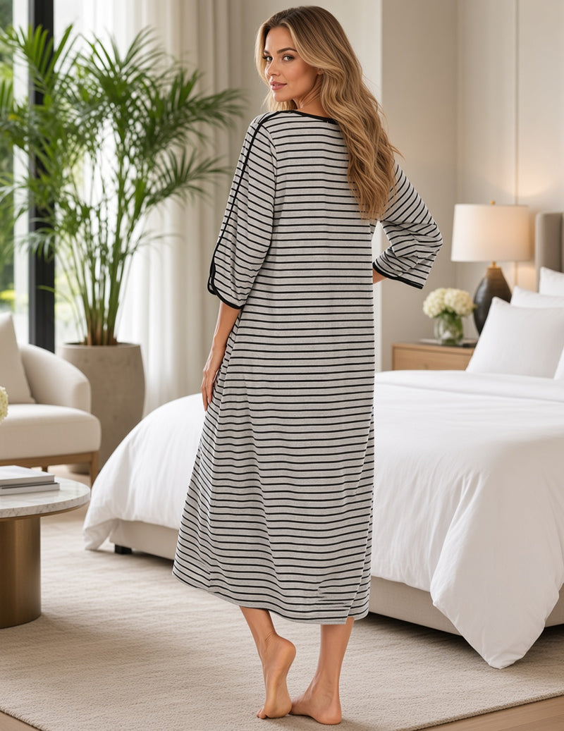 Zip Front Crew Neck Striped Nightgown - Light Grey