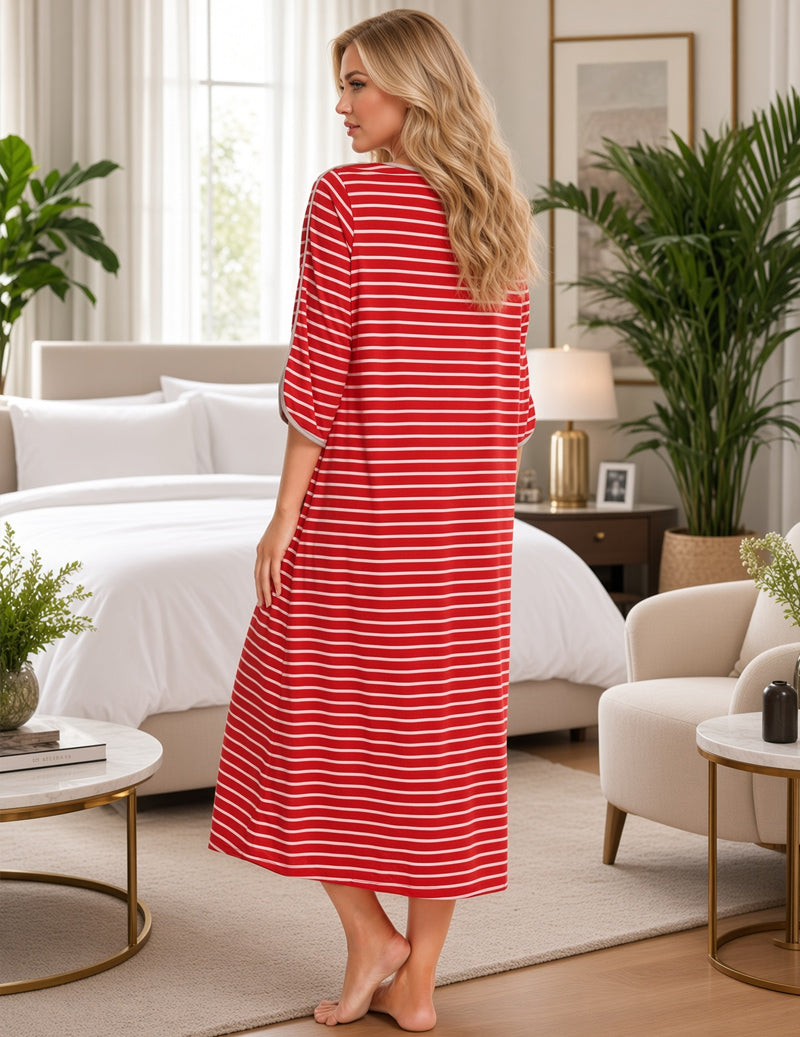 Zip Front Crew Neck Striped Nightgown - Red Stripe