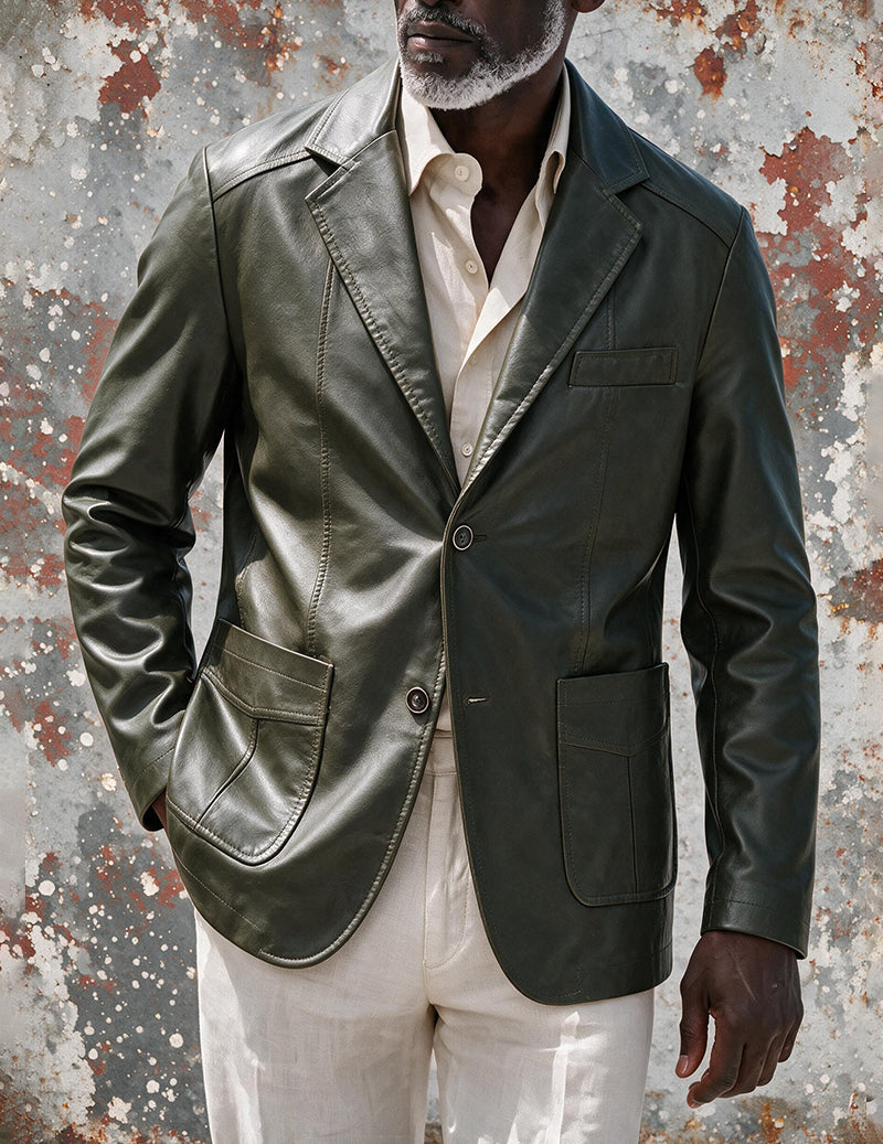 Men's faux leather blazer jacket, army green, notch lapel, two-button front.