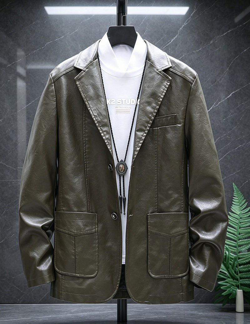 Men Faux Leather Slim Fit Notch Lapel Two-Button Blazer Jacket