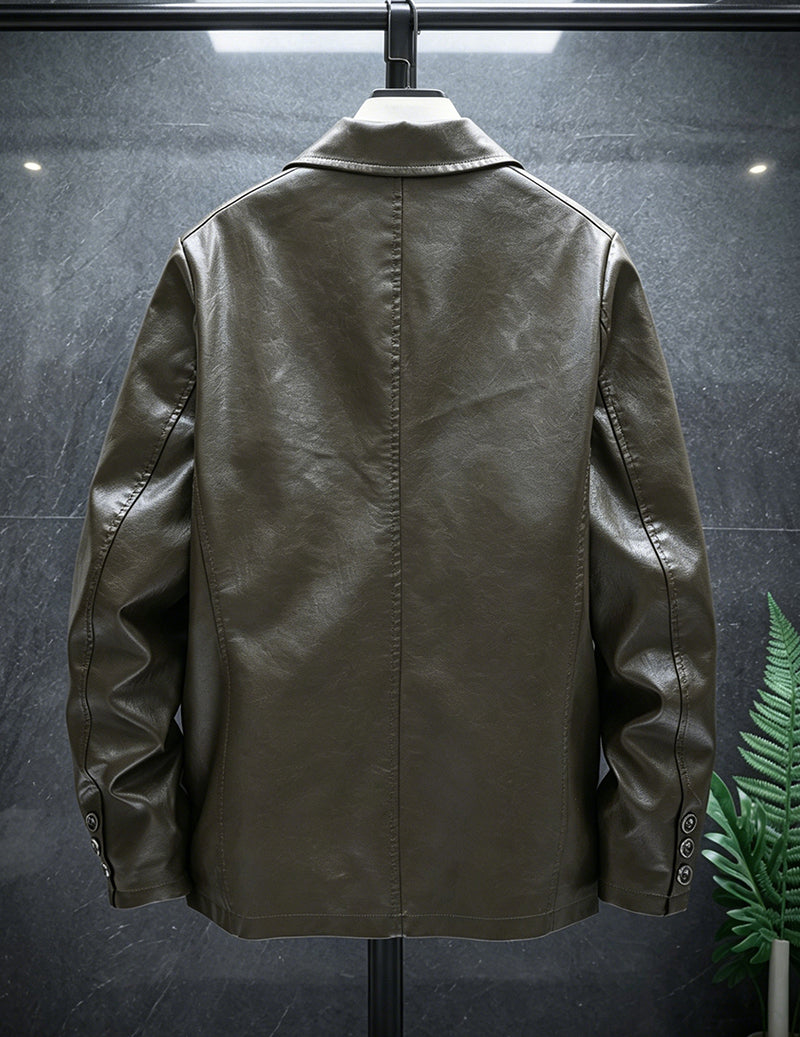 Men Faux Leather Slim Fit Notch Lapel Two-Button Blazer Jacket