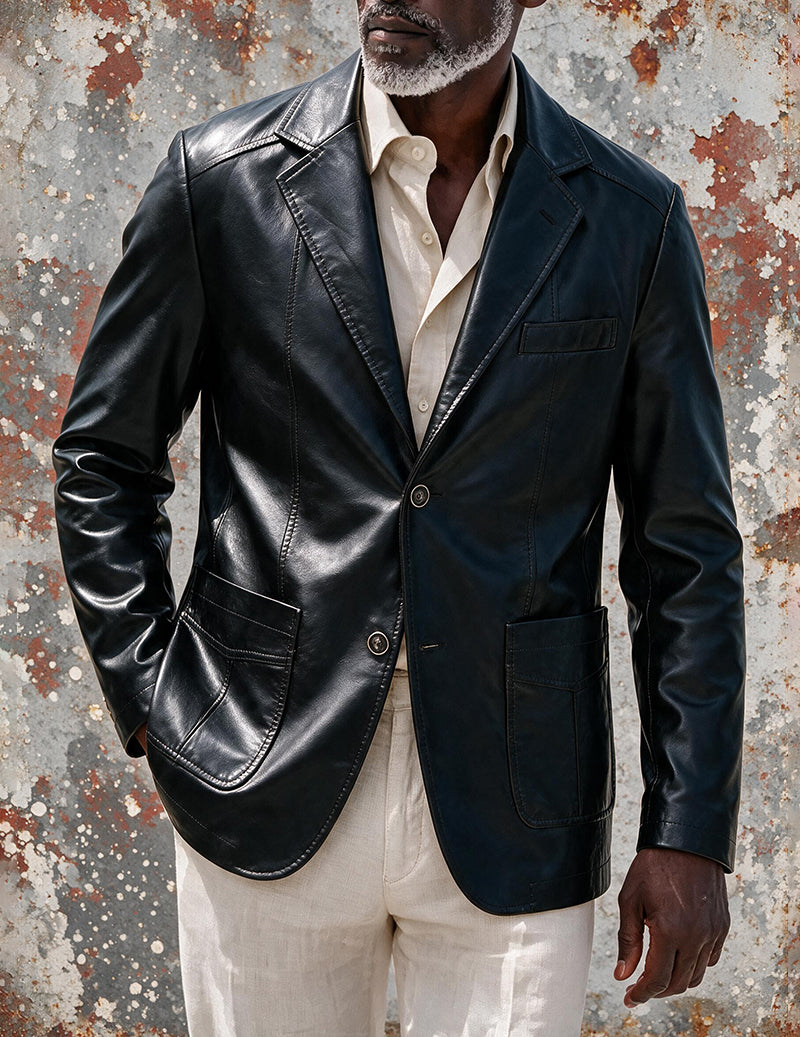 Men's faux leather blazer jacket, black, notch lapel, two-button front.