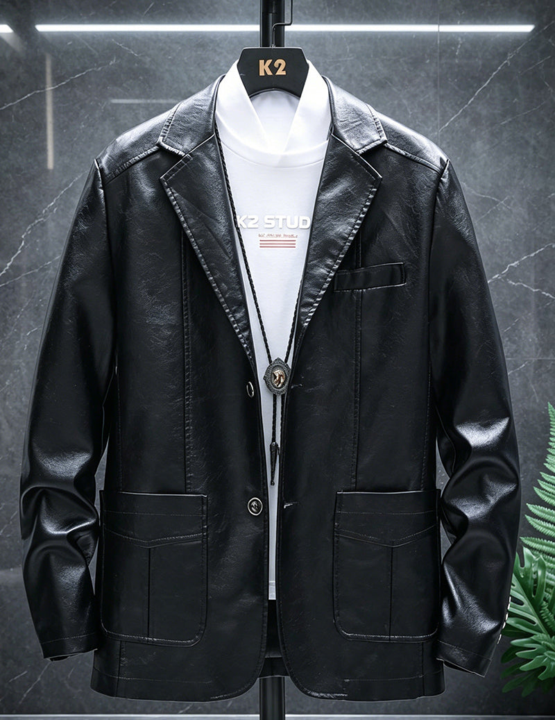 Men Faux Leather Slim Fit Notch Lapel Two-Button Blazer Jacket