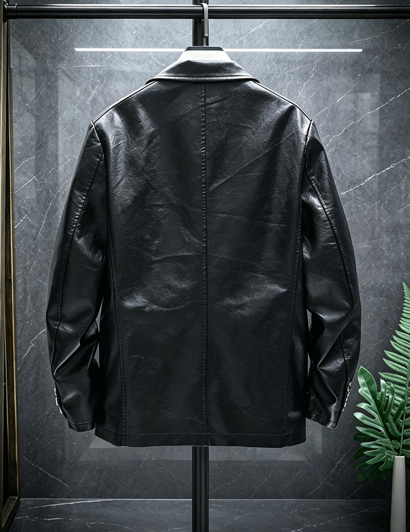 Men Faux Leather Slim Fit Notch Lapel Two-Button Blazer Jacket