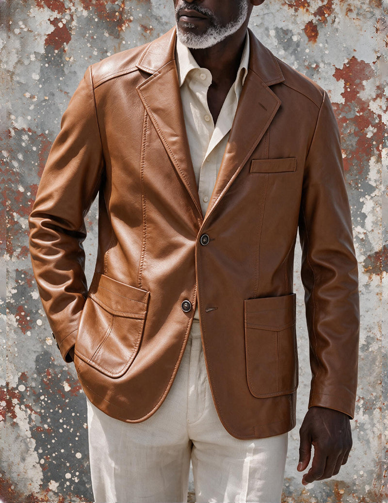 Men's faux leather blazer jacket, tan, notch lapel, two-button front.