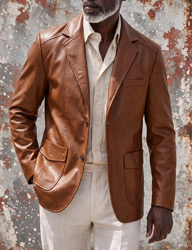 Men Faux Leather Slim Fit Notch Lapel Two-Button Blazer Jacket