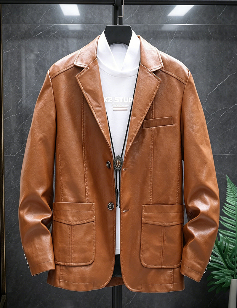 Men Faux Leather Slim Fit Notch Lapel Two-Button Blazer Jacket