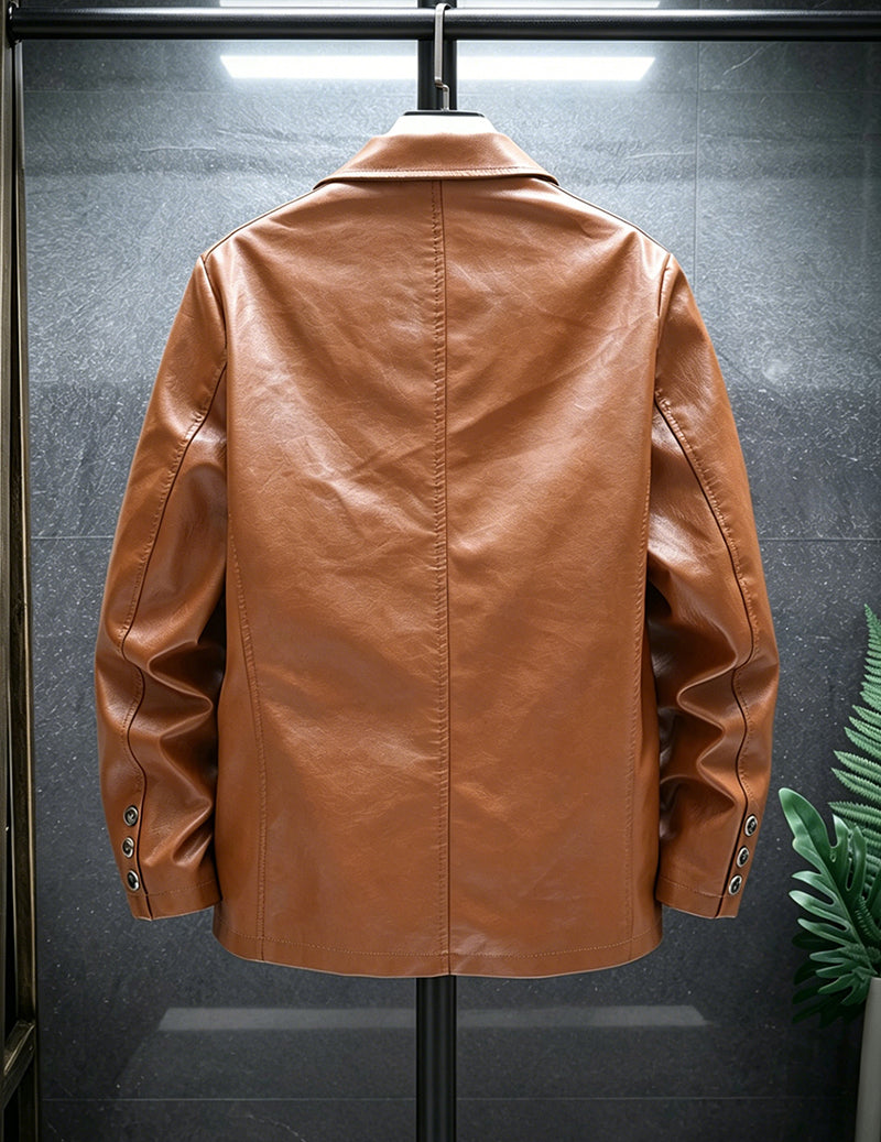 Men Faux Leather Slim Fit Notch Lapel Two-Button Blazer Jacket