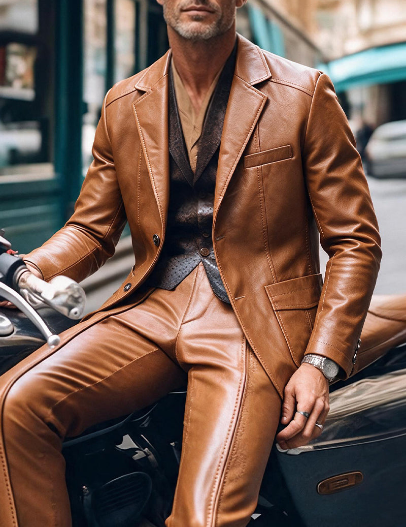 Men Faux Leather Slim Fit Notch Lapel Two-Button Blazer Jacket