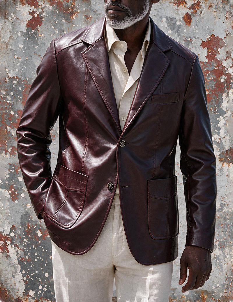 Men's faux leather blazer jacket, wine red, notch lapel, two-button front.