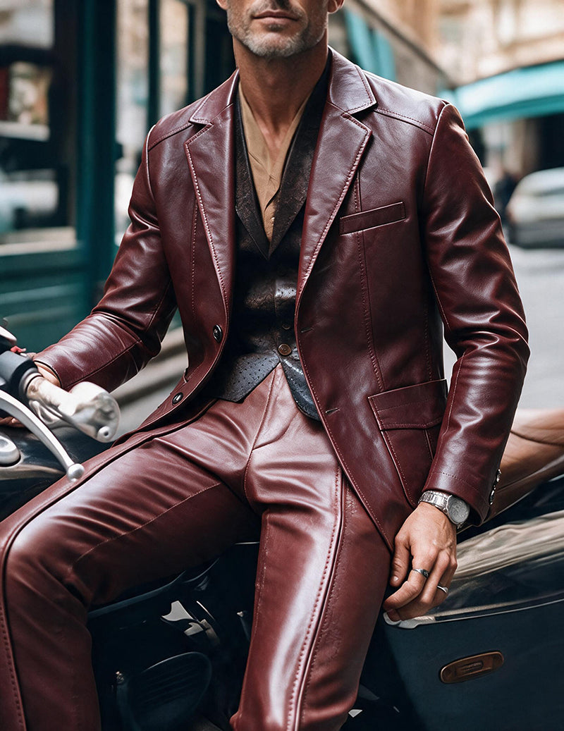 Men Faux Leather Slim Fit Notch Lapel Two-Button Blazer Jacket