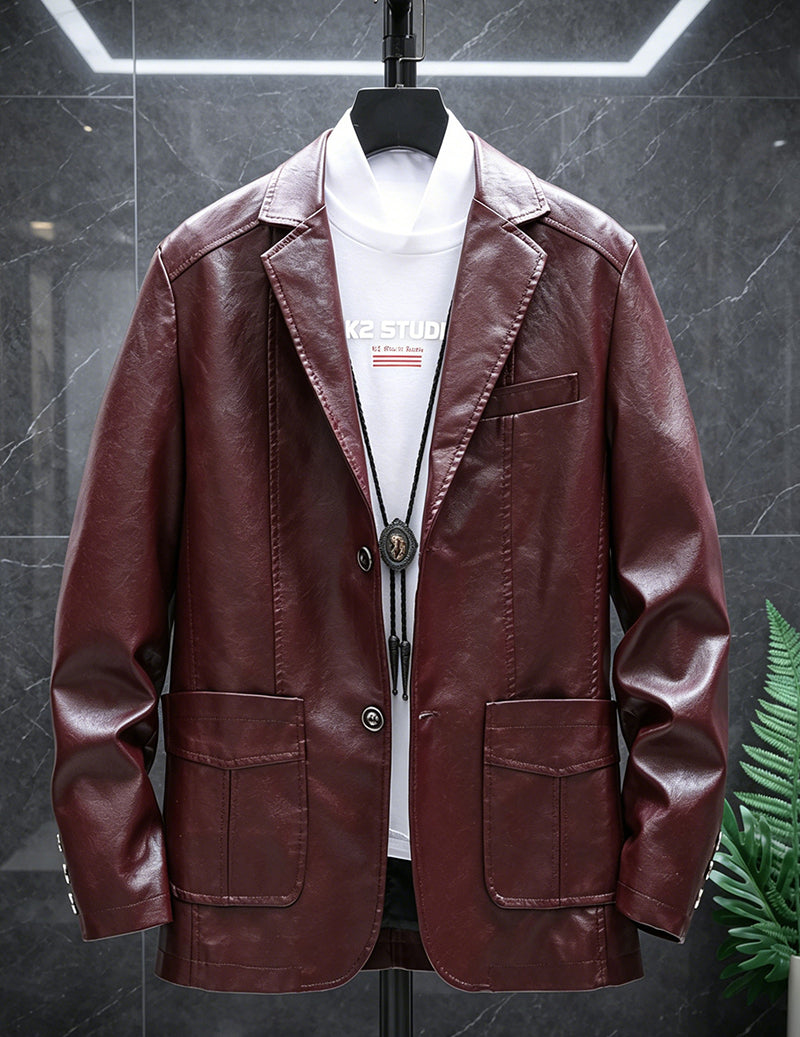 Men Faux Leather Slim Fit Notch Lapel Two-Button Blazer Jacket