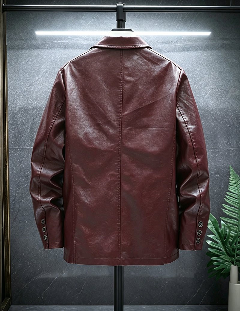 Men Faux Leather Slim Fit Notch Lapel Two-Button Blazer Jacket