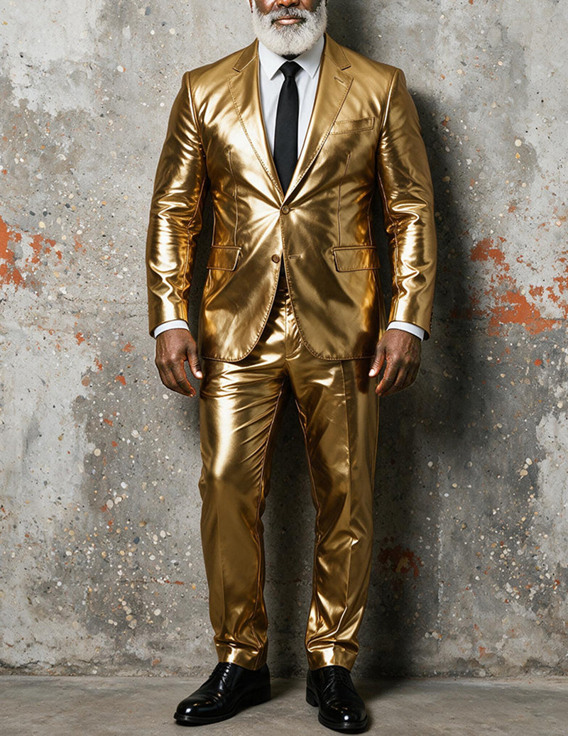 Gold metallic single-breasted blazer with notch lapel and one button, matching pants, front view