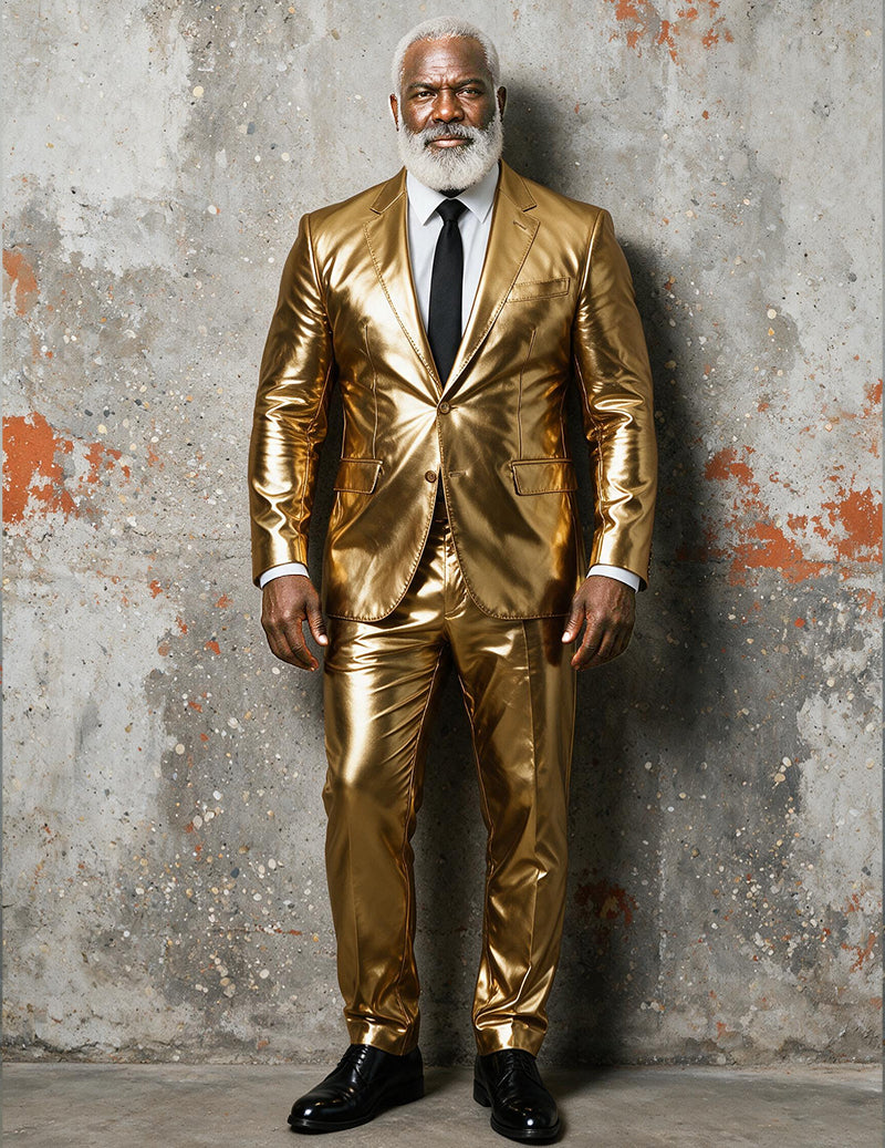 Gold metallic one-button notch lapel blazer suit set with matching pants, full front view