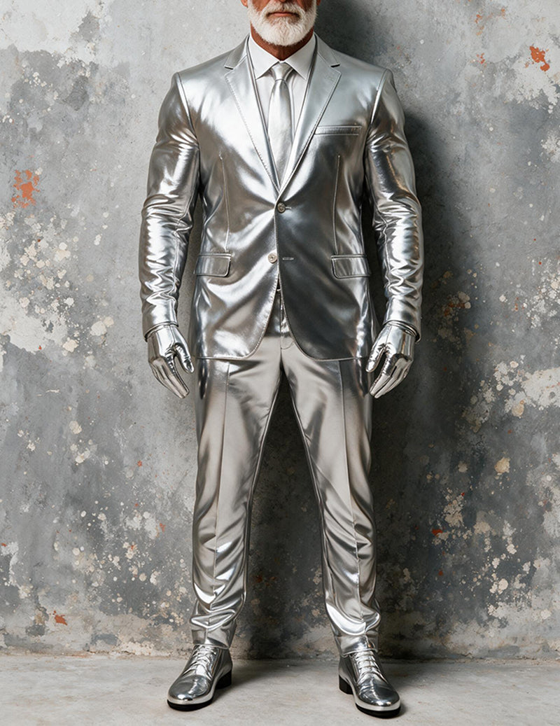Silver metallic single-breasted blazer with notch lapel and one button, matching pants, front view
