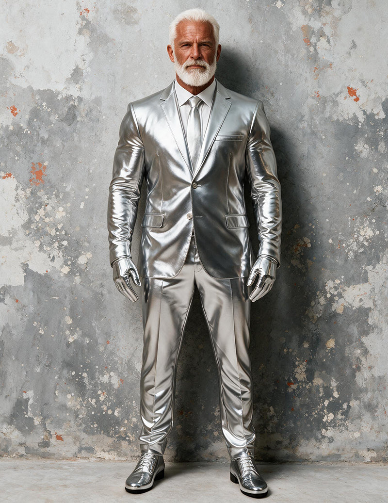 Silver metallic one-button notch lapel blazer suit set with matching pants, full front view