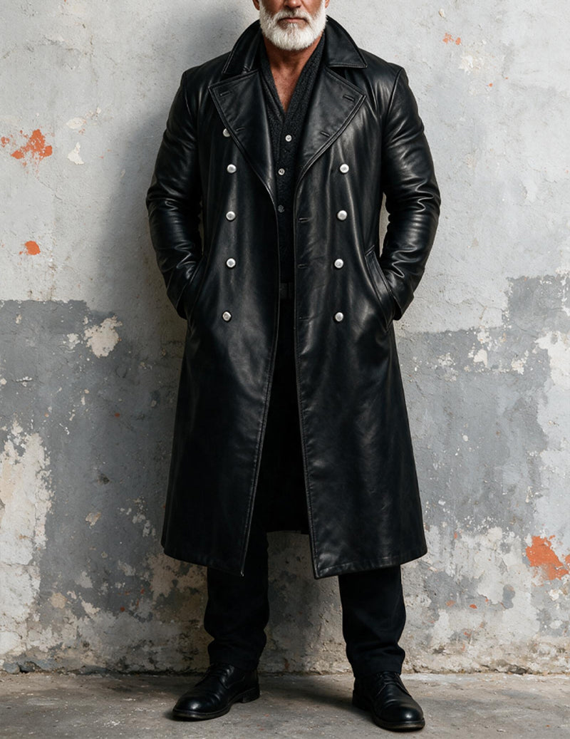 Men's faux leather long trench coat in black, double-breasted with silver buttons