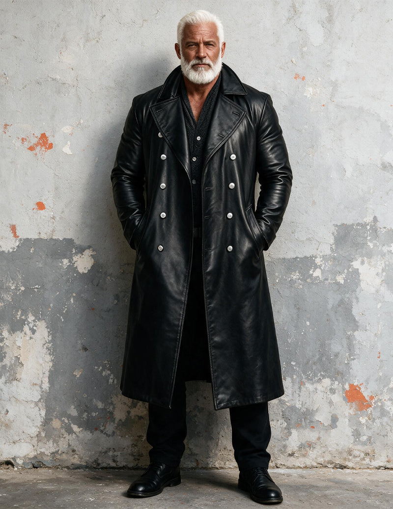 Men Faux Leather Double-Breasted Long Trench Coat Overcoat