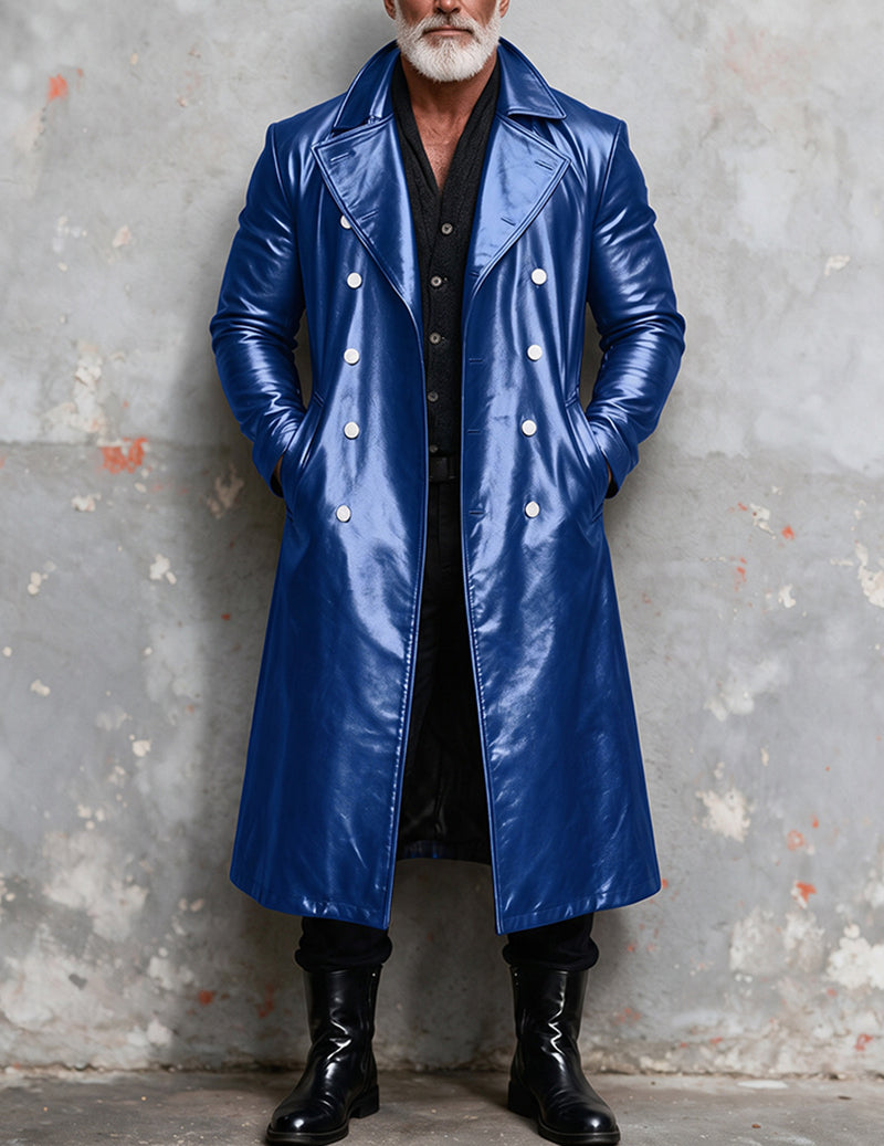 Men's faux leather long trench coat in blue, double-breasted with silver buttons