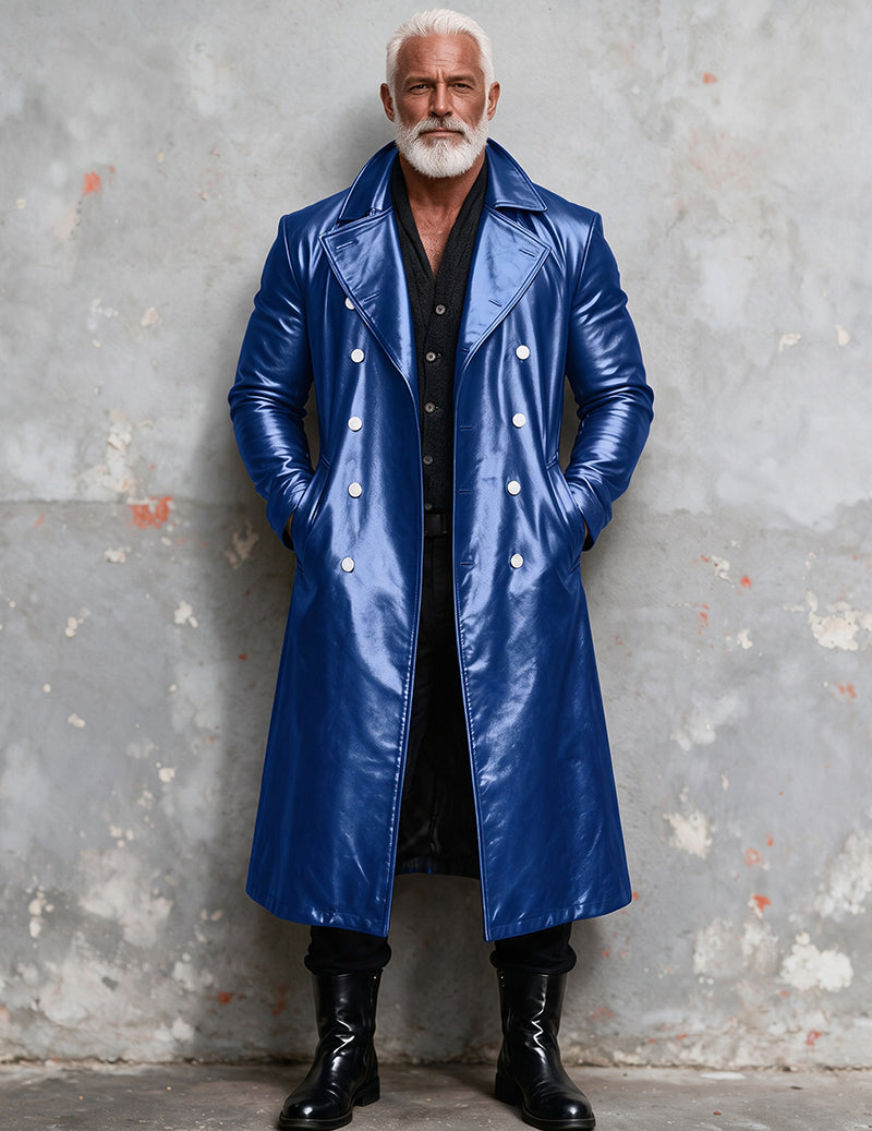 Men Faux Leather Double-Breasted Long Trench Coat Overcoat